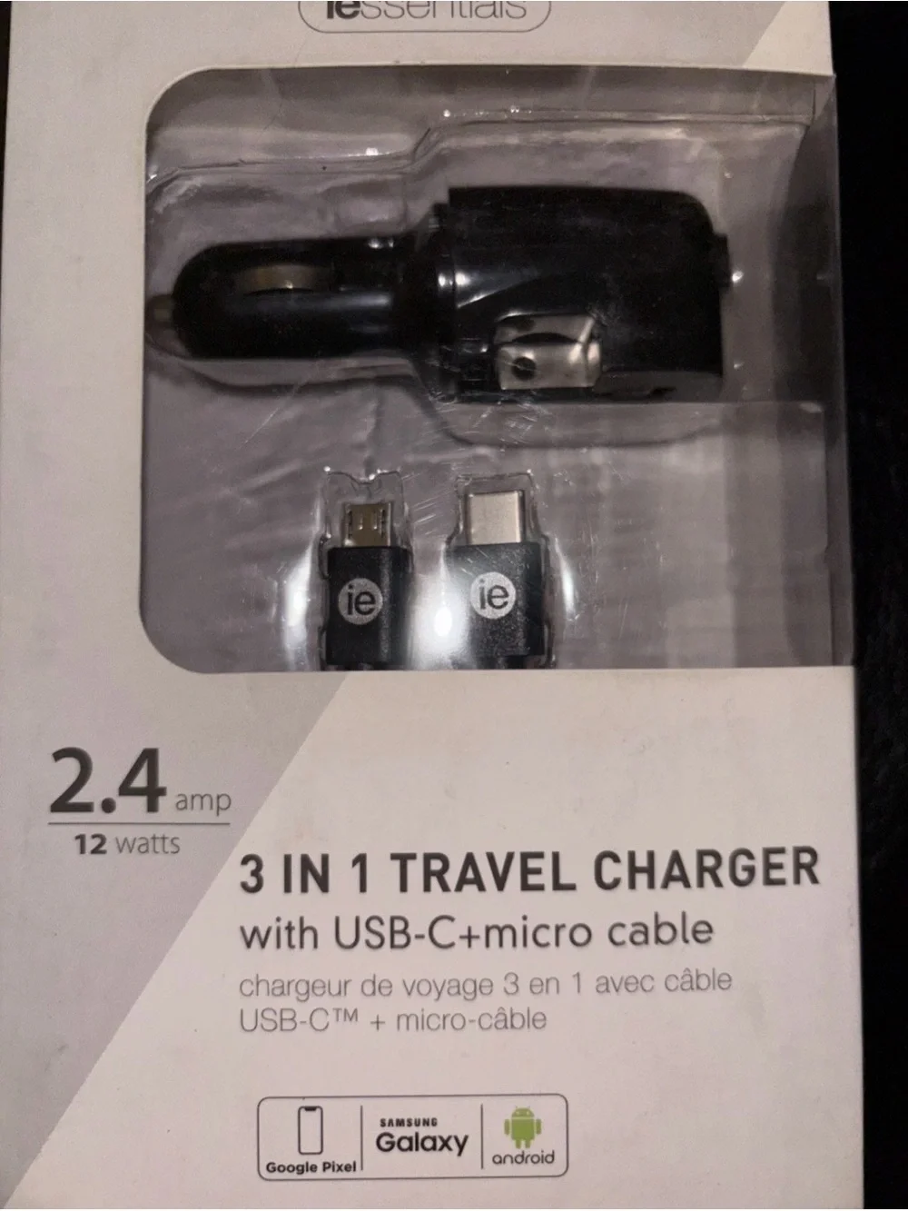 Essentials Black 3-in-1 Travel Charger with USB-C and Micro-USB Cables